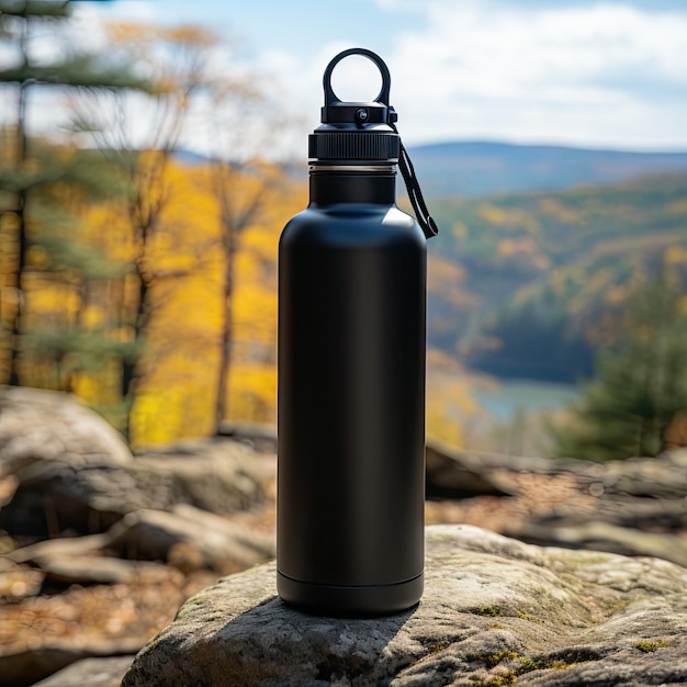 bouteille d'eau en aluminium debout avec un bouchon noir dans la nature