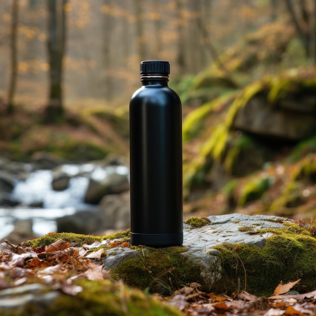 bouteille d'eau en aluminium debout avec un bouchon noir dans la nature