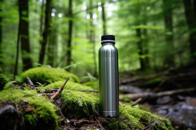 Bouteille d'eau en aluminium sur un sentier forestier