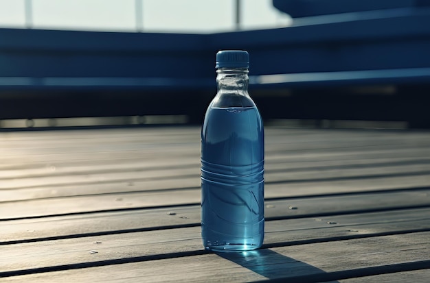 Photo bouteille d'eau bleue sur le sol en bois