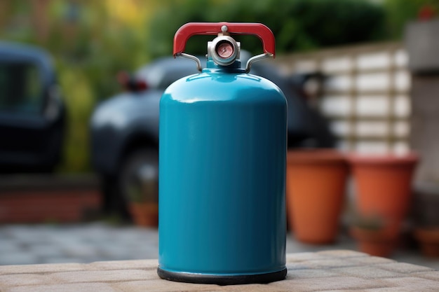 Photo bouteille d'eau bleue sur une table en bois