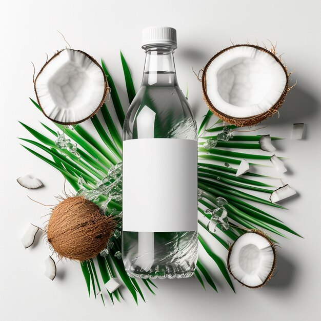 Bouteille d'eau de coco avec de la noix de coco et des feuilles de palmier autour