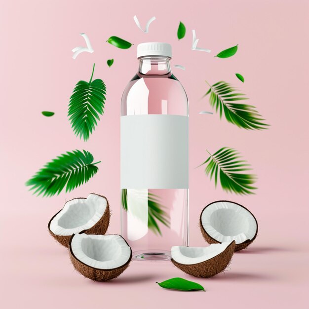 Bouteille d'eau de coco avec de la noix de coco et des feuilles de palmier autour