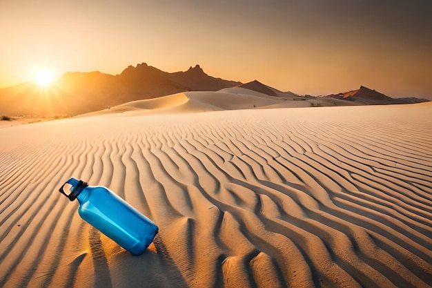 Une bouteille d'eau dans le désert avec le soleil se couchant derrière