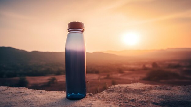 Bouteille d'eau dans les montagnes au coucher du soleil concept de mode de vie sain Geenrative Ai