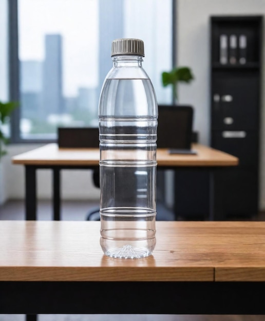 une bouteille d'eau est assise sur une table devant une fenêtre