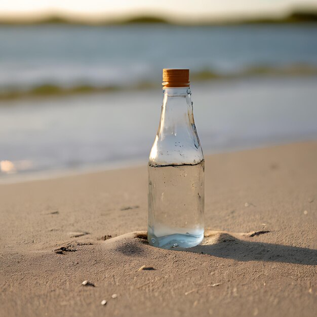 Photo une bouteille d'eau est posée sur le sable de la plage.