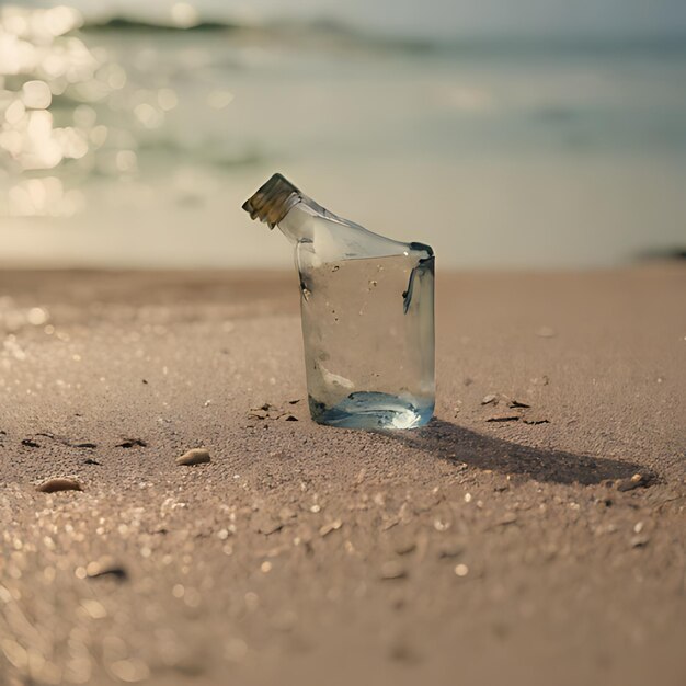 Photo une bouteille d'eau est posée sur le sable près de l'océan