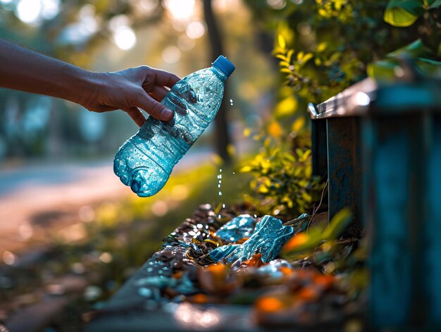 Photo une bouteille d'eau est versée dans une poubelle.