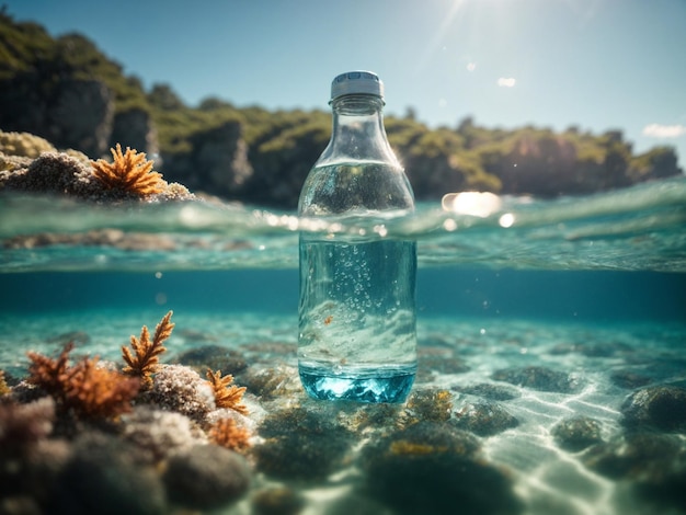 Une bouteille d'eau flottant dans un océan cristallin entouré d'une vie marine vibrante et d'une eau étincelante