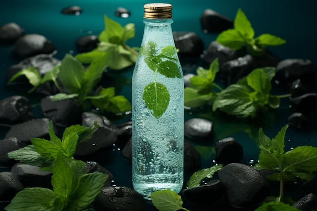 Bouteille d'eau glacée ornée de feuilles de menthe scintillantes de condensation et de gouttelettes