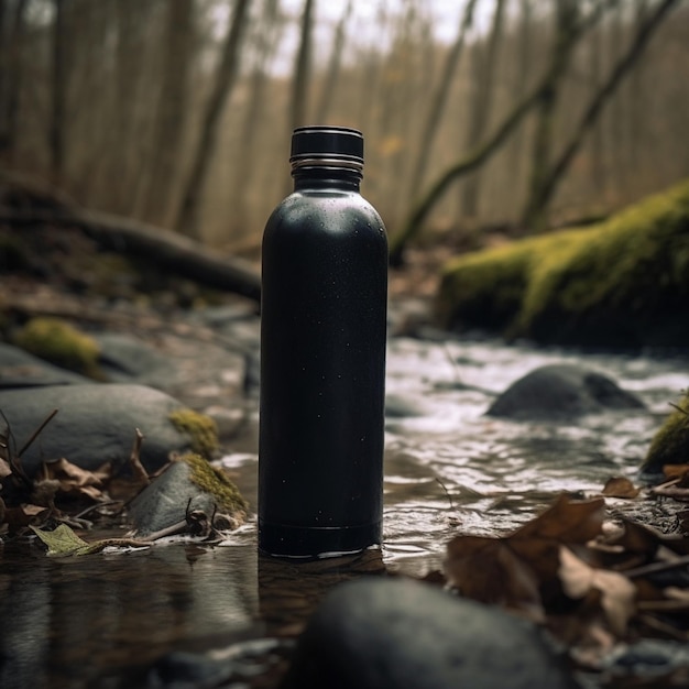 Une bouteille d'eau noire se trouve dans un ruisseau dans les bois.