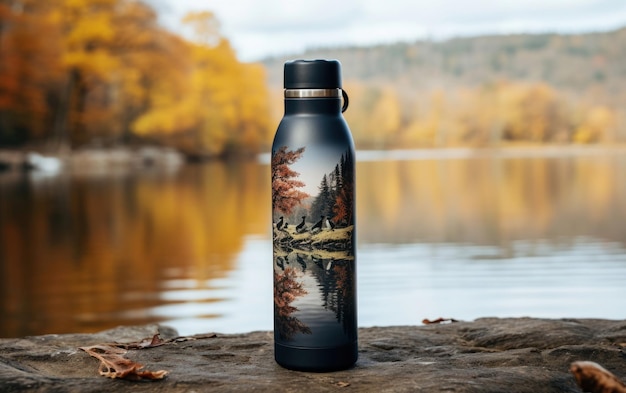 Une bouteille d'eau noire solitaire au bord du lac