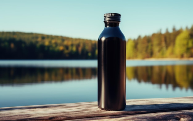 Une bouteille d'eau opaque noire repose sur un pont en bois avec un lac serein