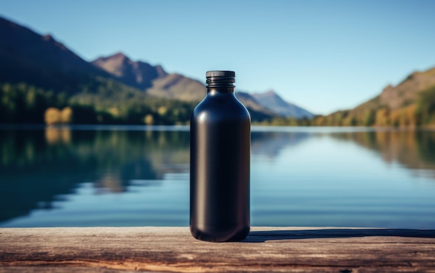 Une bouteille d'eau opaque noire repose sur un pont en bois avec un lac serein