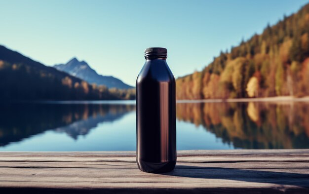 Une bouteille d'eau opaque noire repose sur un pont en bois avec un lac serein