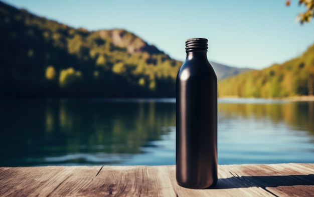 Une bouteille d'eau opaque noire repose sur un pont en bois avec un lac serein