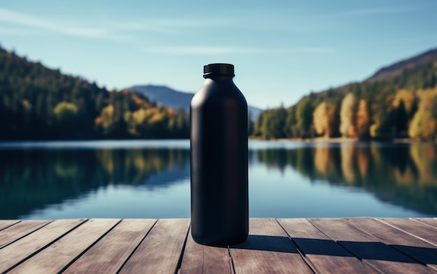 Une bouteille d'eau opaque noire repose sur un pont en bois avec un lac serein