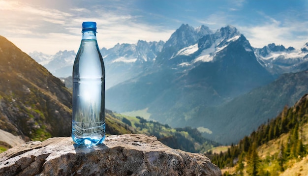 Bouteille d'eau en plastique debout sur une roche magnifique paysage de montagne