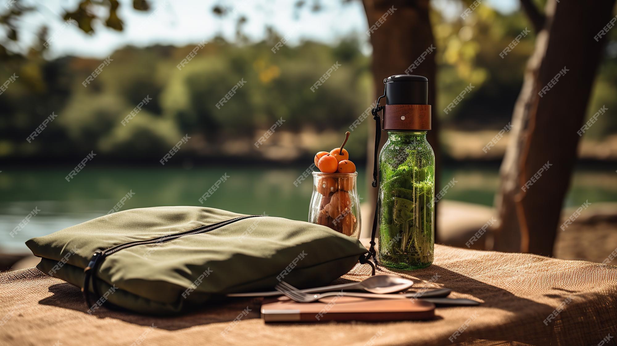 Bouteille D'eau Pliable Et Couverts Réutilisables Sur Une Couverture De  Pique-nique