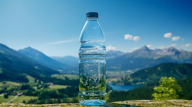 une bouteille d'eau propre sur le fond des montagnes