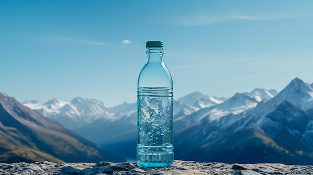 une bouteille d'eau propre sur le fond des montagnes