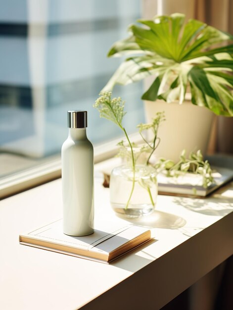 Photo une bouteille d'eau réutilisable élégante est assise sur un livre près d'une fenêtre ensoleillée