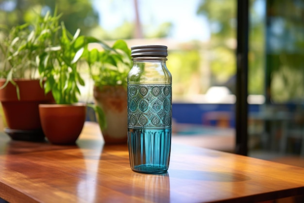 Bouteille d'eau réutilisable sur une table de caravane