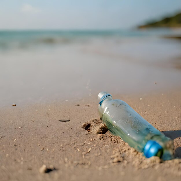 une bouteille d'eau sur le sable près de l'océan