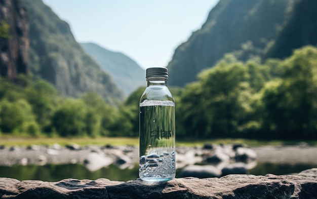 Bouteille d'eau sur une surface rocheuse sur fond de montagne