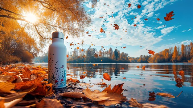 Photo bouteille d'eau thermo réutilisable sur une côte rocheuse, récipients durables dans un lac en plein air, respectueux de l'environnement