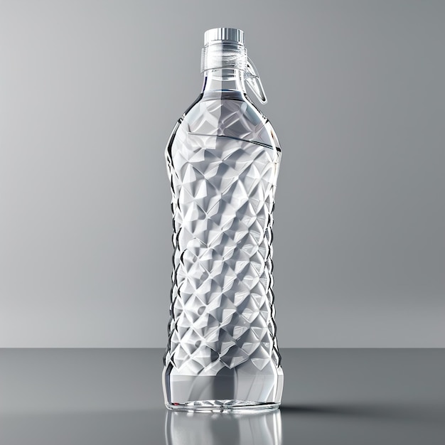 une bouteille d'eau transparente avec un couvercle argenté qui dit clair
