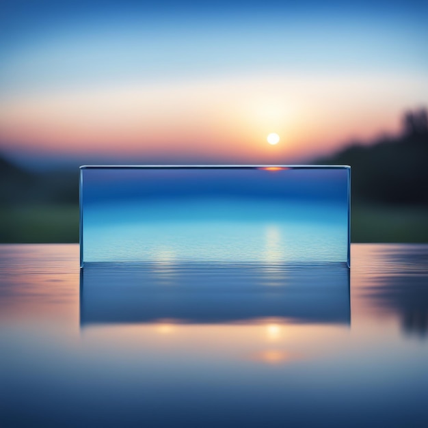 Photo bouteille d'eau en verre avec coucher de soleil