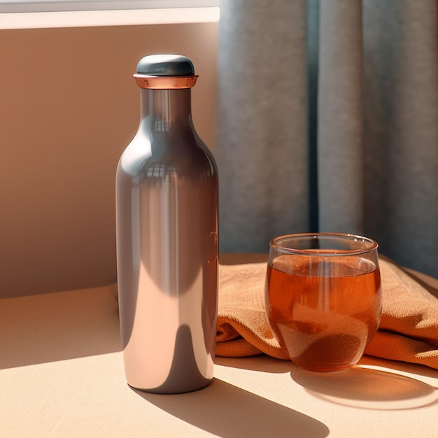 Une bouteille d'eau et un verre sont posés sur une table.