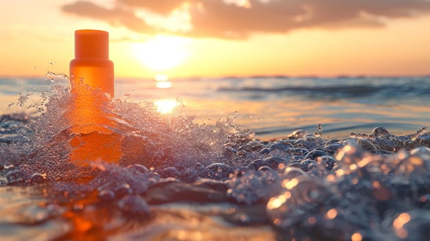 Une bouteille d'écran solaire flotte dans l'océan.