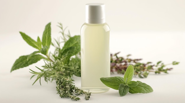 Bouteille d'essence d'herbe entourée d'herbes aromatiques fraîches sur un fond blanc