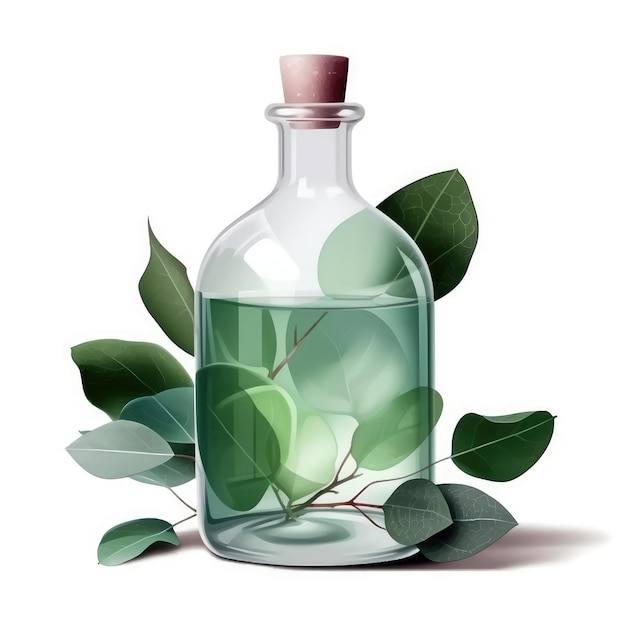 Une bouteille de feuilles vertes et une bouteille d'huile d'olive avec un bouchon en liège.