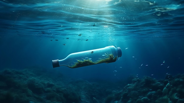 Une bouteille flottant dans l'océan avec un poisson nageant autour.