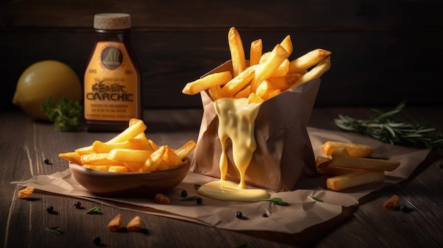 Une bouteille de frites avec une sauce au fromage en arrière-plan