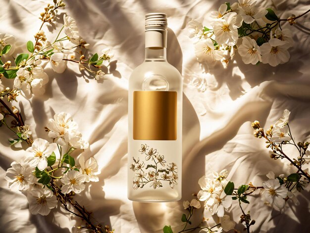 bouteille de gin blanc avec une étiquette de mock-up sur un fond de soie blanche avec des fleurs blanches