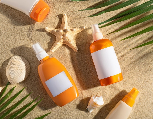 Une bouteille de gourmet de plage est sur le sable avec une étoile de mer dessus.