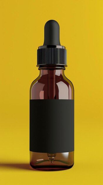 Bouteille goutte-à-goutte transparente brune avec une simple étiquette noire sur fond jaune