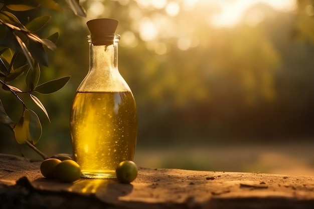 Une bouteille d'huile d'amande à côté d'une branche d'olives vertes.