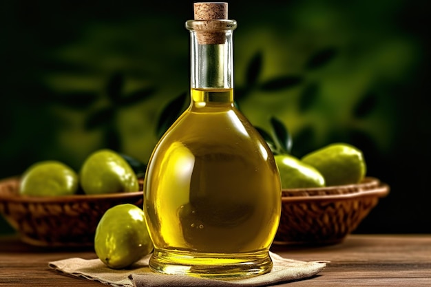 Une bouteille d'huile d'avocat est posée sur une table en bois avec un tas de citrons verts en arrière-plan.