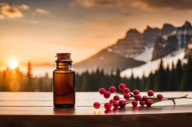 Photo une bouteille d'huile avec des baies sur la table.