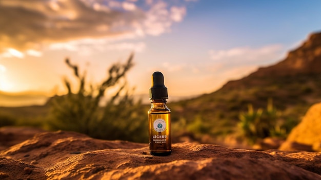 Une bouteille d'huile biologique est posée sur un rocher avec le soleil se couchant derrière.