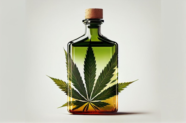Une bouteille d'huile de cannabis avec une feuille de la plante au milieu.