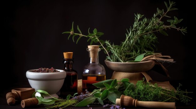 Une bouteille d'huile essentielle aux herbes sur une table