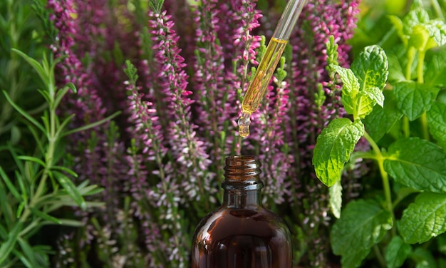 Une bouteille d'huile essentielle est utilisée pour fabriquer une huile végétale naturelle.