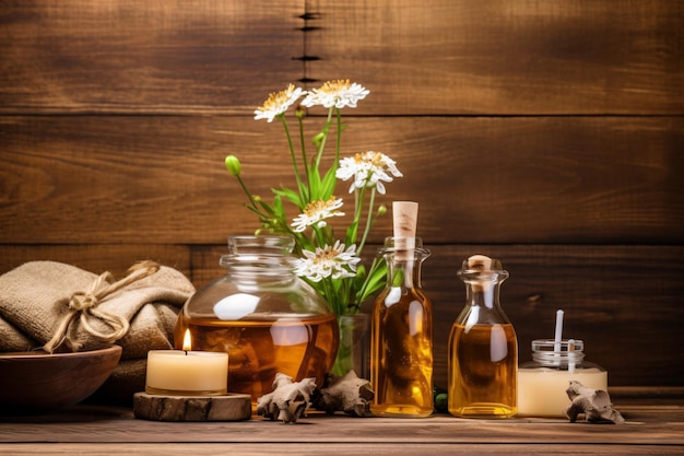 Une bouteille d'huile essentielle avec des fleurs sur une table en bois